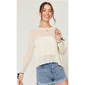 NWT Francesca's Ivory Open Knit Beachy Sweater Top Bow Detail & Back Tie Size M